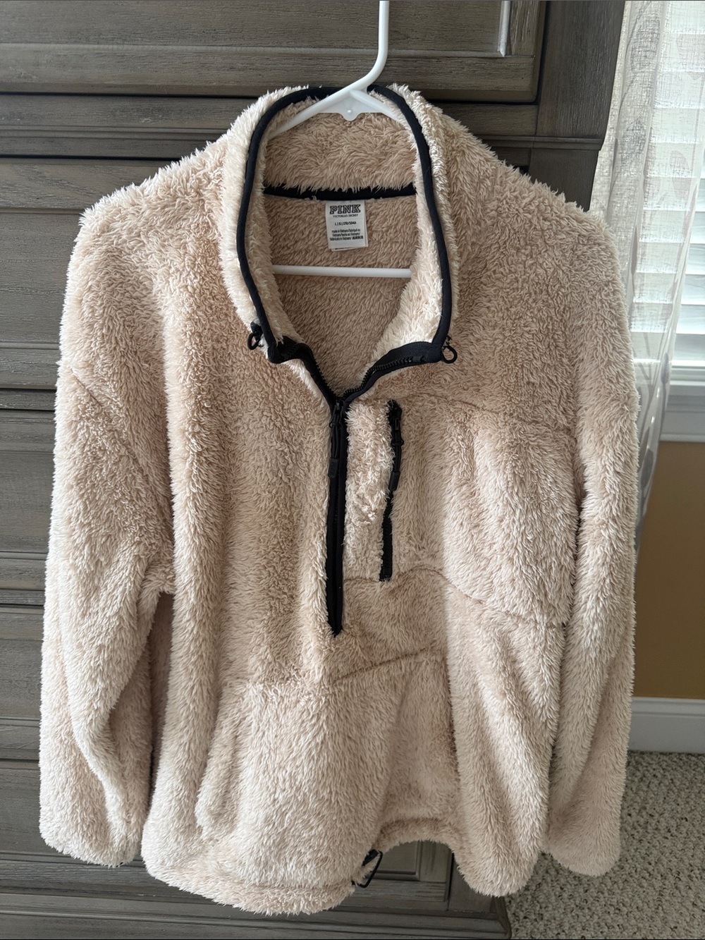 PINK Victoria's Secret Cream Sherpa Half-Zip Teddy Jacket with Black Trim